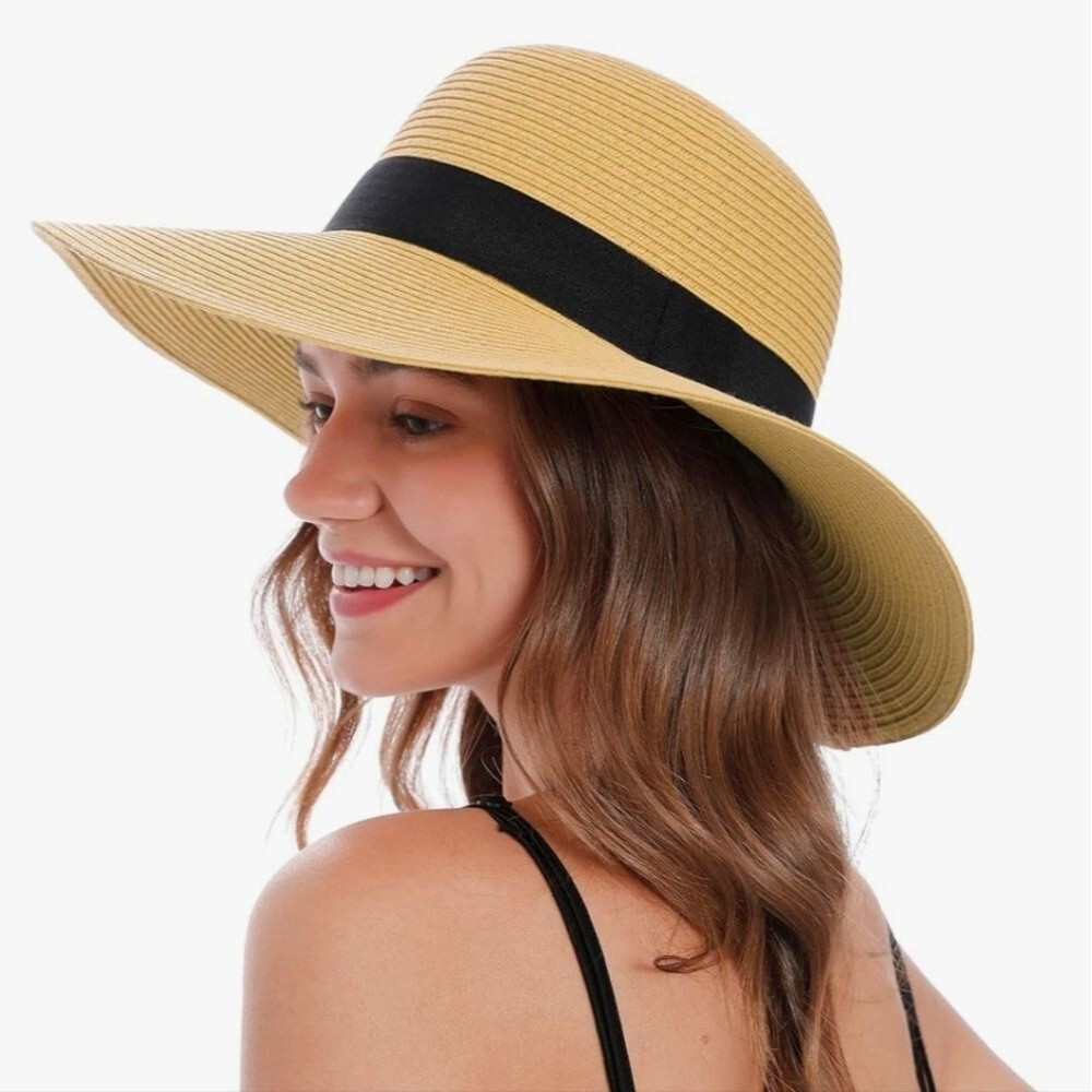 Paper straw Hat Lightweight  black band light tan wide brim flexible sunhat